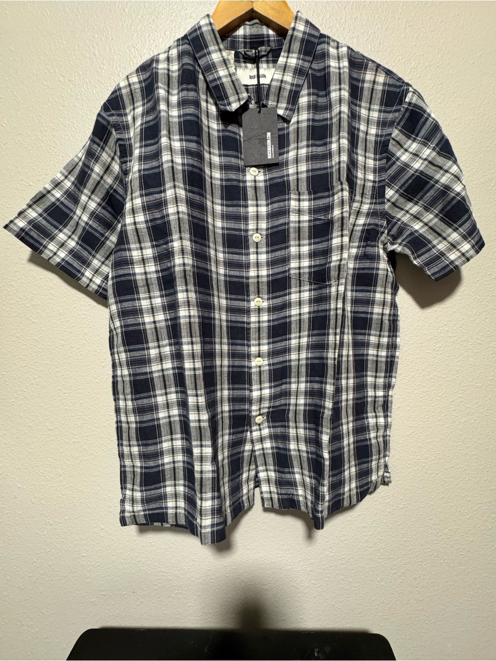 Buck Mason Navy & White Plaid Short-Sleeve Button-Down Shirt Size Medium